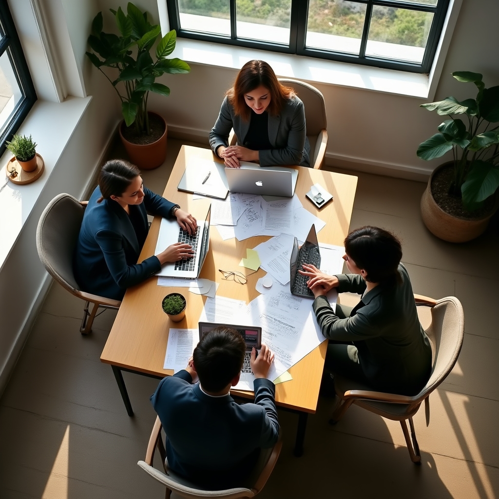 Small team of professionals working together at a shared workspace