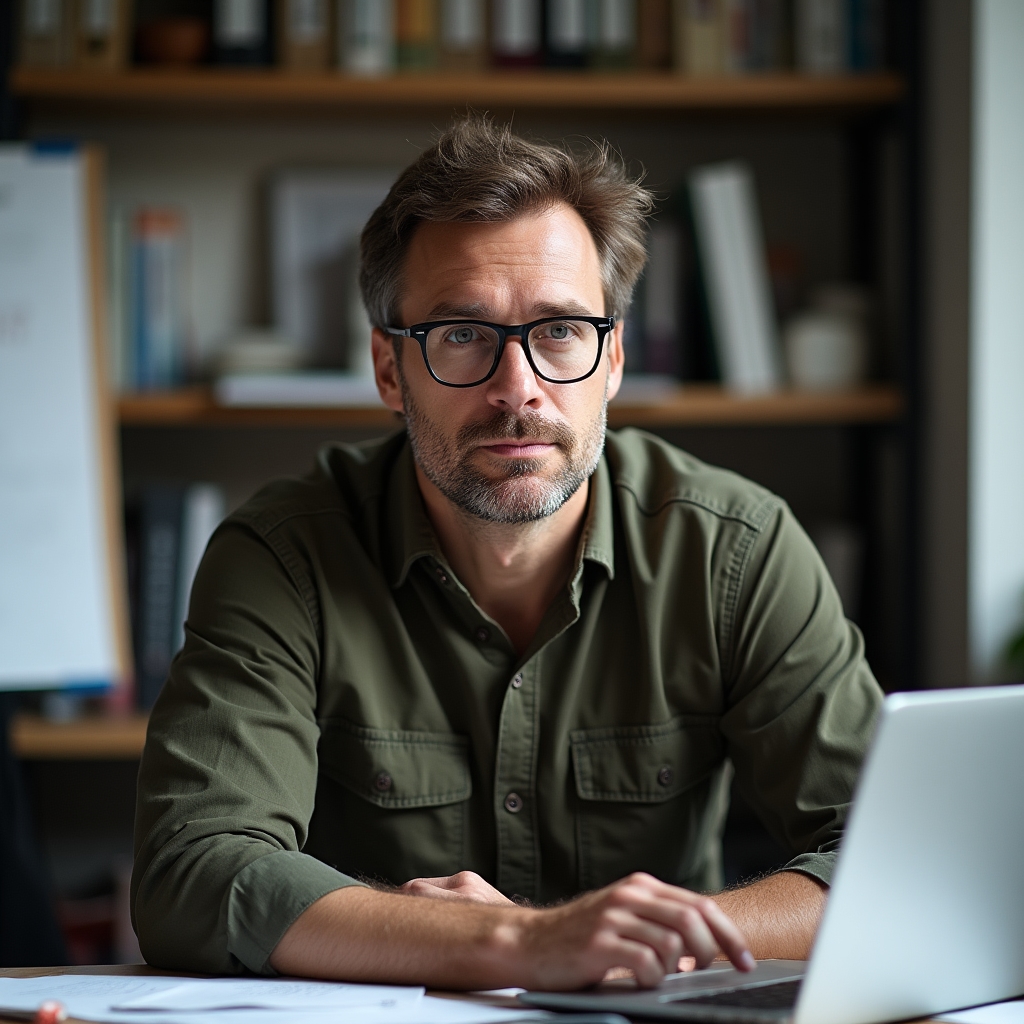 Small business owner in their mid-forties reviewing documents at their desk