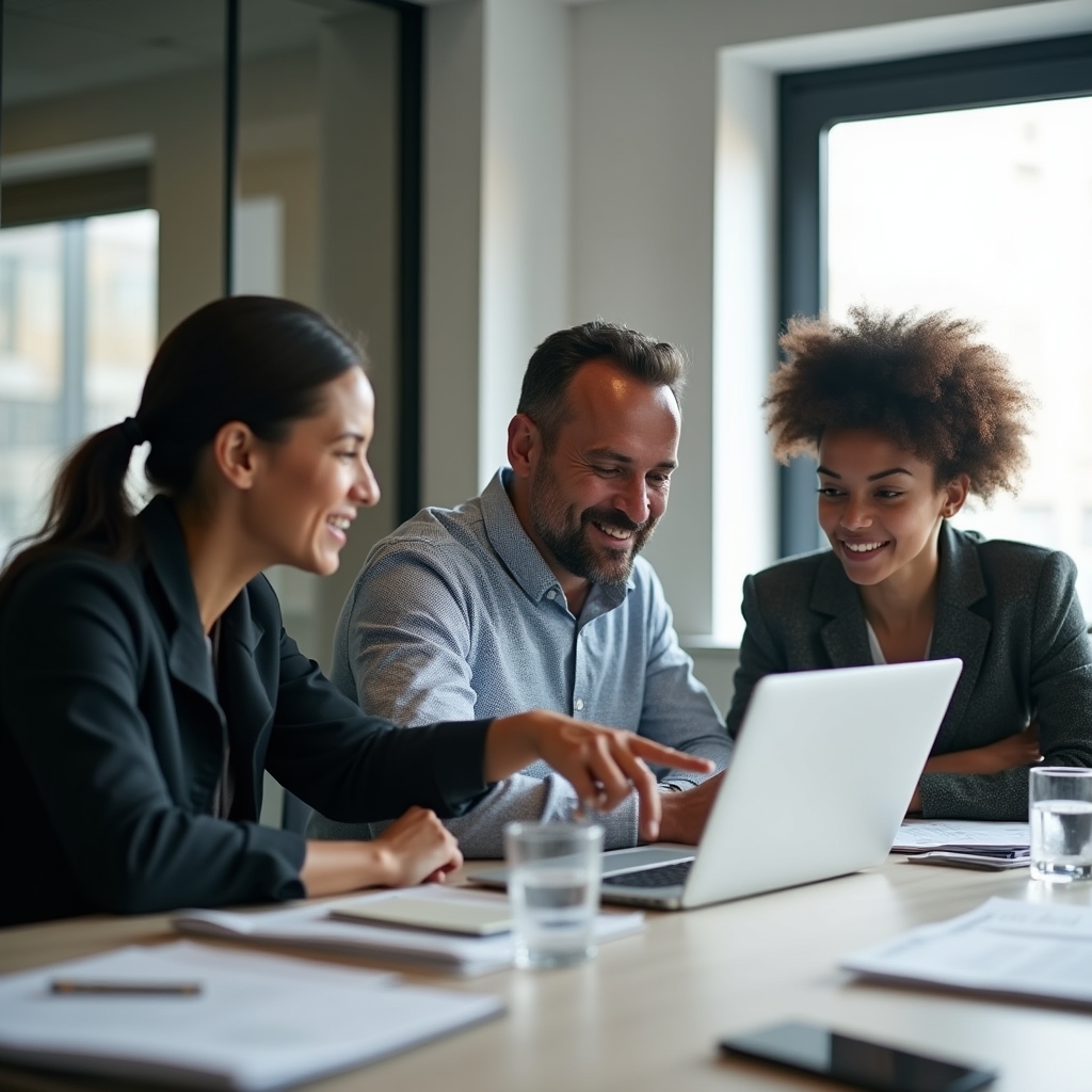 Small team of three people having a focused meeting around a table in a compact modern office
